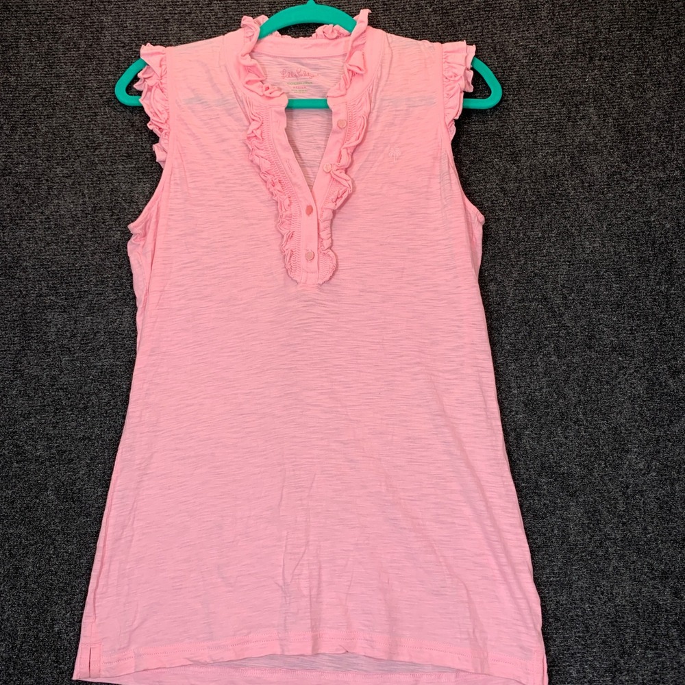 Lilly Pulitzer Ruffle Sleeveless Top M Pink Pima Cotton Preppy Slub Coastal Soft